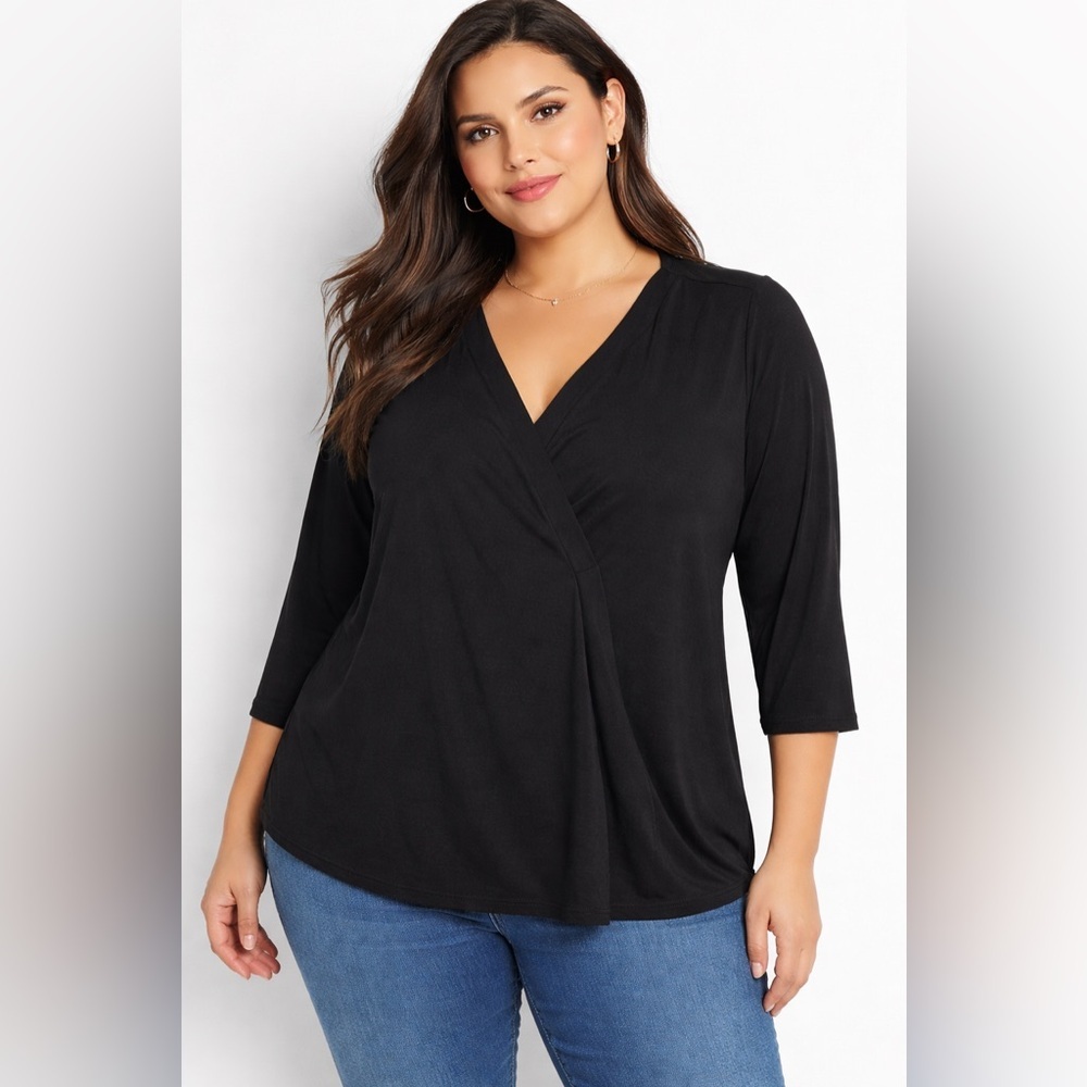 Lane Bryant Black V Neck Blouse 14/16 3/4 Sleeve Stretch Top - Picture 3 of 6